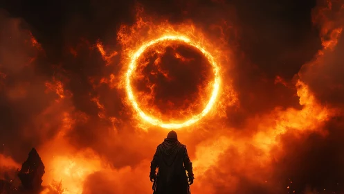 Solitary Figure Confronts Inferno Ring Through Apocalyptic Haze.