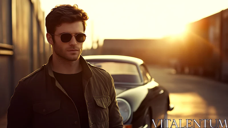 Sunset-laced cool as a lone driver guards his vintage coupe.