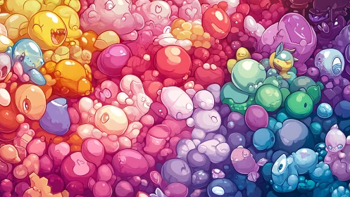 Chromatic creature cluster with glossy bubble gradients.