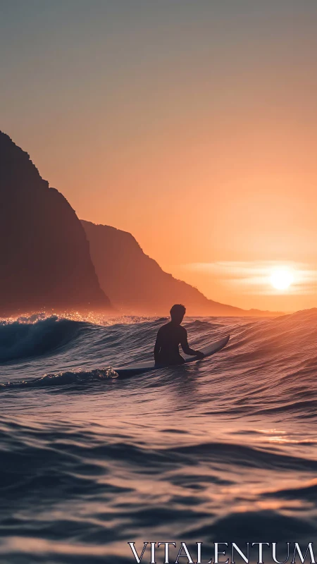 Sunset surfer drifting through gentle glowing waves.