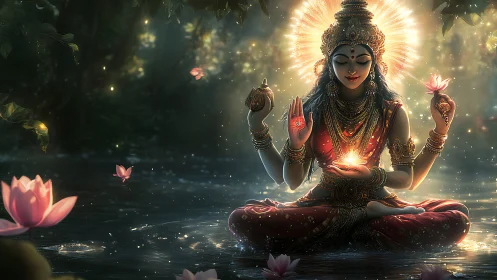 Divine goddess figure meditating on water with glowing lotus.
