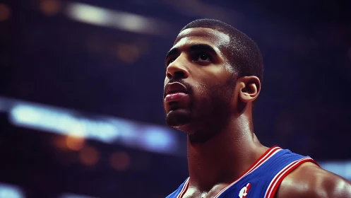 Focused basketball player looks up under bright arena lights