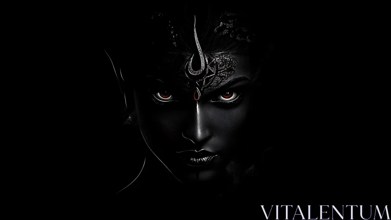 Dark goddess portrait with glowing red eyes and crown.