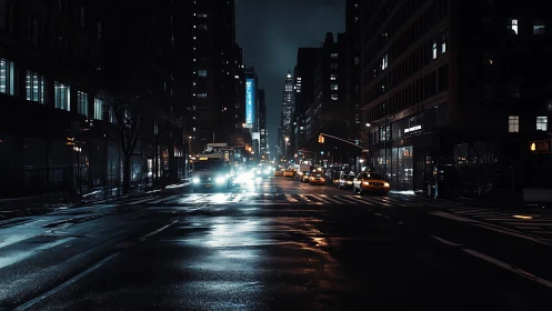 Rain-slicked city avenue glows under cold nocturnal traffic
