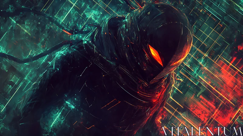 Cybernetic warrior with glowing eyes in neon matrix.