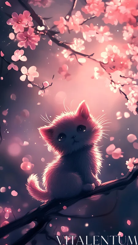 Glowing Kitten Among Cherry Blossoms.