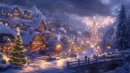 Snow-covered village street displays dense winter illumination