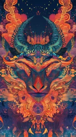 Vibrant horned beast in detailed psychedelic symmetry.