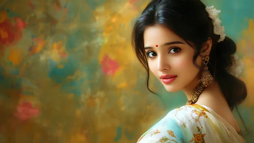 Digital portrait of elegant woman in sari with floral bokeh.