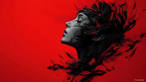 Quiet breath in crimson: portrait dissolving into wild ink.