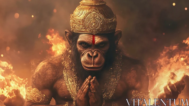 Divine simian warrior in ornate crown commands ritual fire