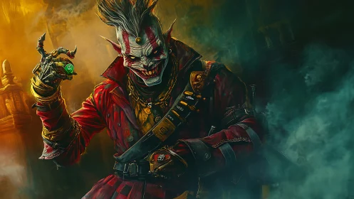 Digital painting of demonic jester outlaw with neon artifact.