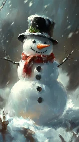 Expressive snowman portrait rendered in painterly winter light