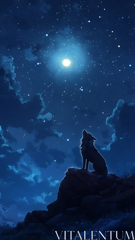 Moonlit wolf on a starlit cliff under a dreamy night sky.