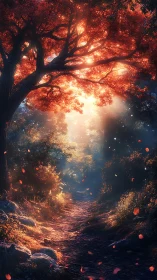 Autumn forest path under glowing maple canopy at sunrise.