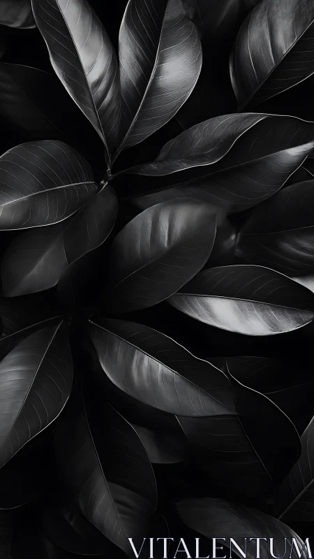Overlapping dark leaves form a high contrast monochrome pattern