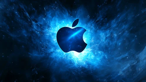 Glowing apple silhouette adrift in a cosmic blue storm.