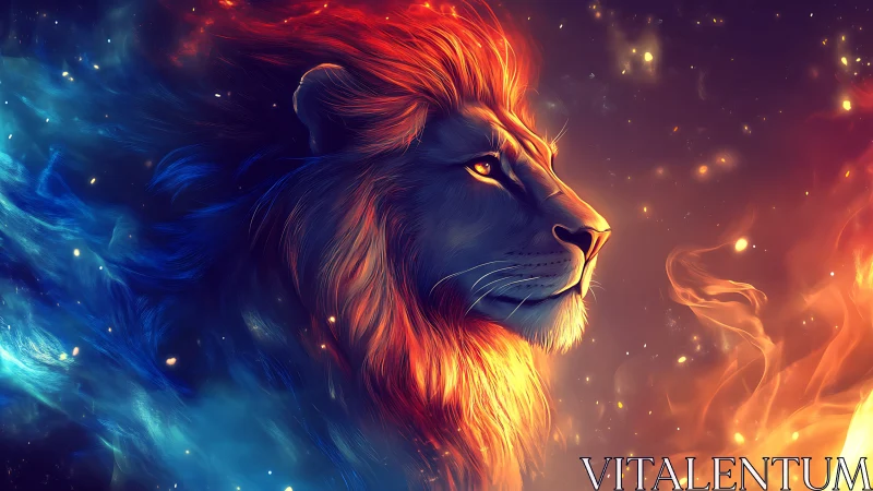 Majestic cosmic lion glowing with fire and stardust grace.