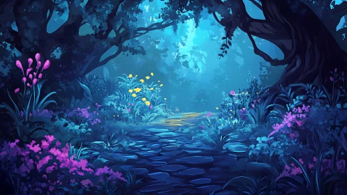 Enchanted Forest Pathway with Bioluminescent Flora and Stream.