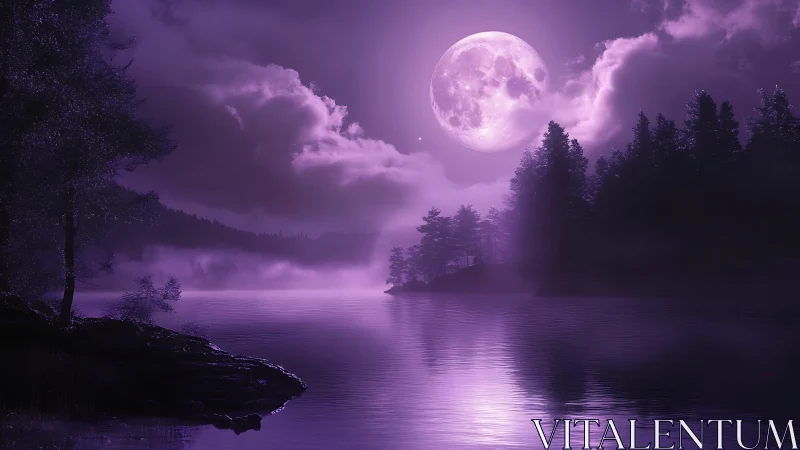 Violet moonrise over misty forest lake in dramatic silhouette.