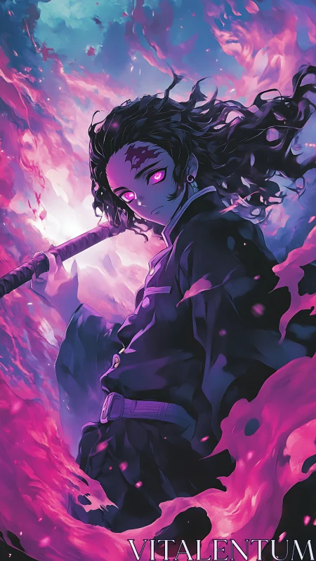 Stormlit warrior wrapped in glowing violet flame magic.