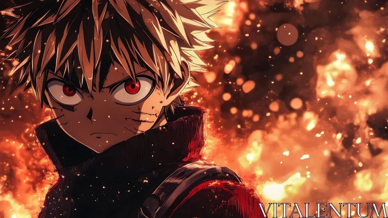 Intense anime boy rendered against dynamic fiery bokeh field