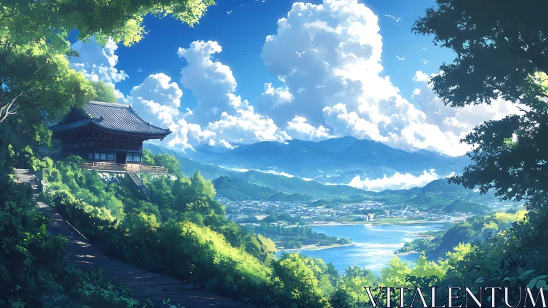 Hilltop temple over sunlit valley and bright blue river.