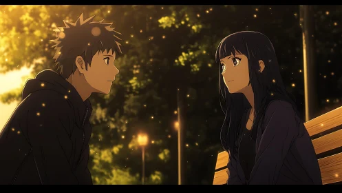 Two anime teens sharing a quiet evening bench moment.