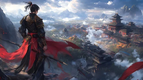 Armored warrior surveys expansive mist-laden imperial citadel