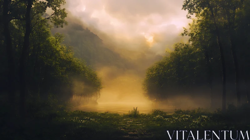 Golden Mist Rises Over Tranquil Forest Lake.