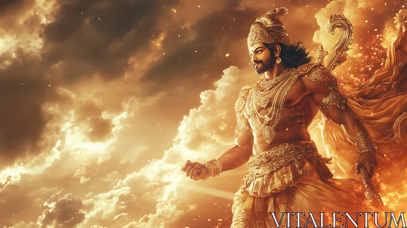 Golden warrior deity in glowing divine cloudscape scene.