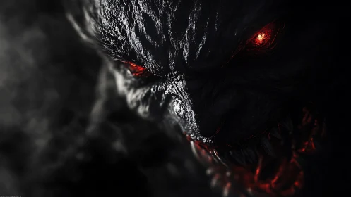 Midnight demon sneers through smoke with ember-red eyes bared