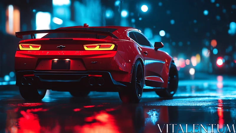 Red sports coupe idles under neon rain on wet city street