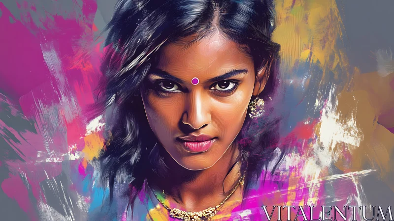 Fierce gaze carves neon storms through painted twilight