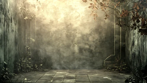 Abandoned concrete corridor dissolves into luminous atmospheric haze