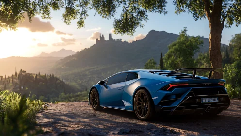 Sunlit blue supercar lingering on a castle-lined horizon road.