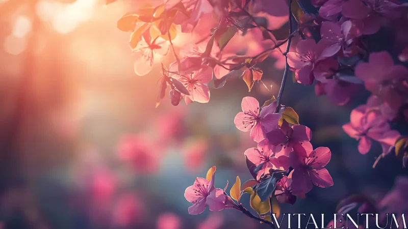 Glowing pink flowers bathed in warm golden sunlight and dreamy bokeh.