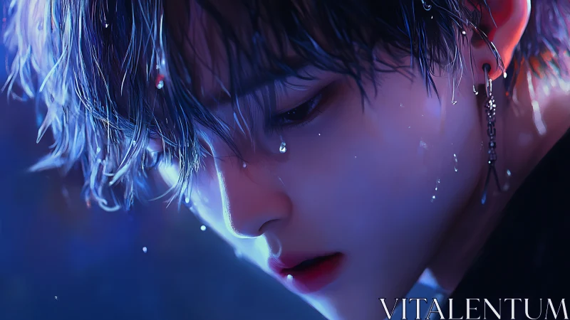 Melancholic portrait of wet youth in neon rim lighting.