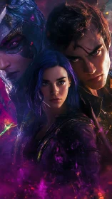 Photorealistic neo-fantasy character triptych in nebula haze.