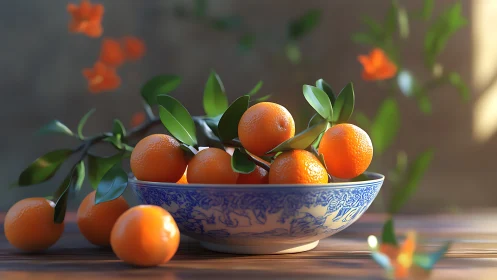 Mandarins in blue porcelain bowl under soft warm light.
