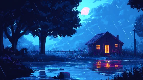 Nocturnal pixel cabin amid rainfall and reflective pondscape.