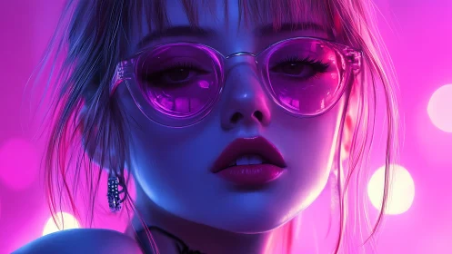 Neon-lit cyber portrait with chromatic glass and soft bokeh.