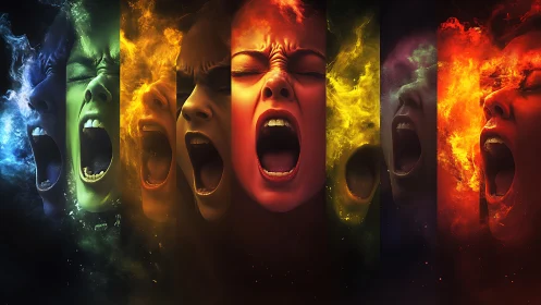 Explosive emotions burst in vivid, colorful human faces.