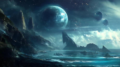Alien coastline shows blue ocean under massive nearby planet
