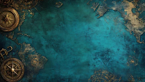 Antique world map and brass compasses evoke old voyages.