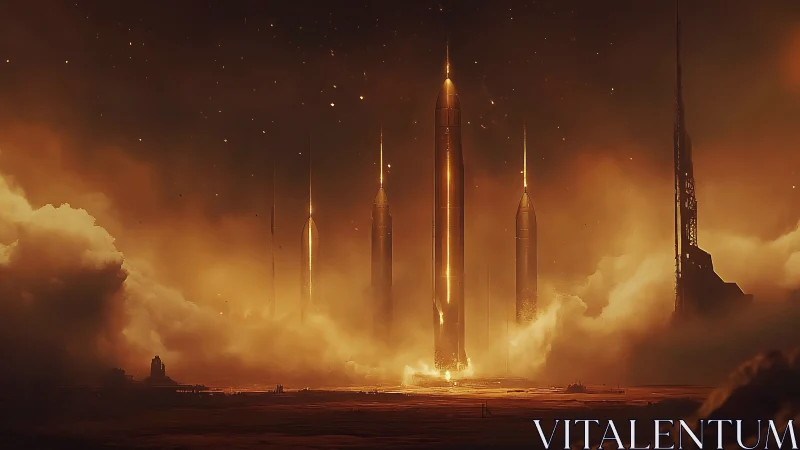 Multiple illuminated rockets stand in dense atmospheric haze