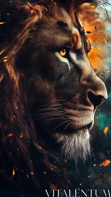 Lion profile burns through smoky cosmic twilight