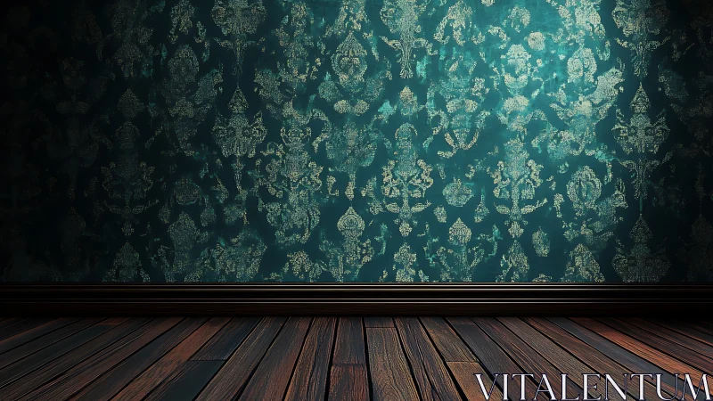 Moody teal wallpaper and wood floor in a quiet vintage room.