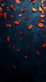Crimson autumn leaves drift across deep textured blue