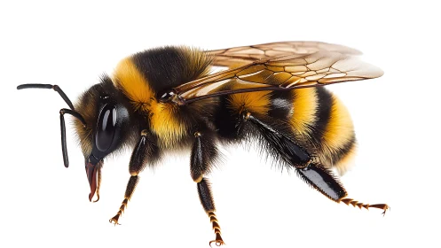 Close-up photorealistic bee with striped body on white.